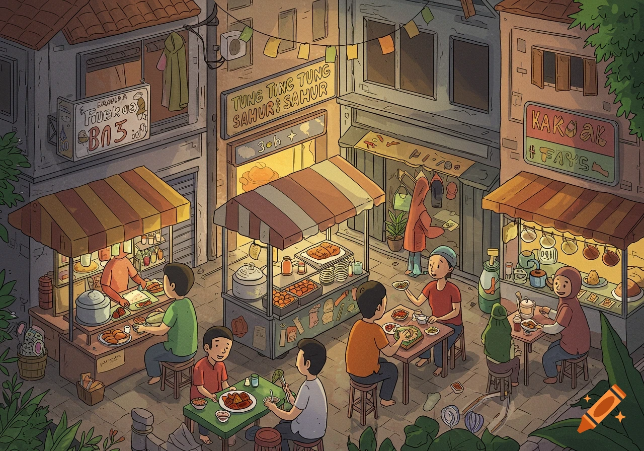 Illustrated street scene at night with bustling food stalls and people eating at tables.