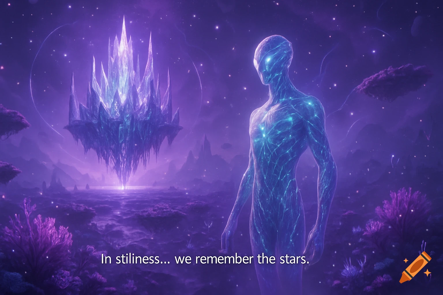 Ethereal alien and floating crystal structure in a purple space landscape with stars.