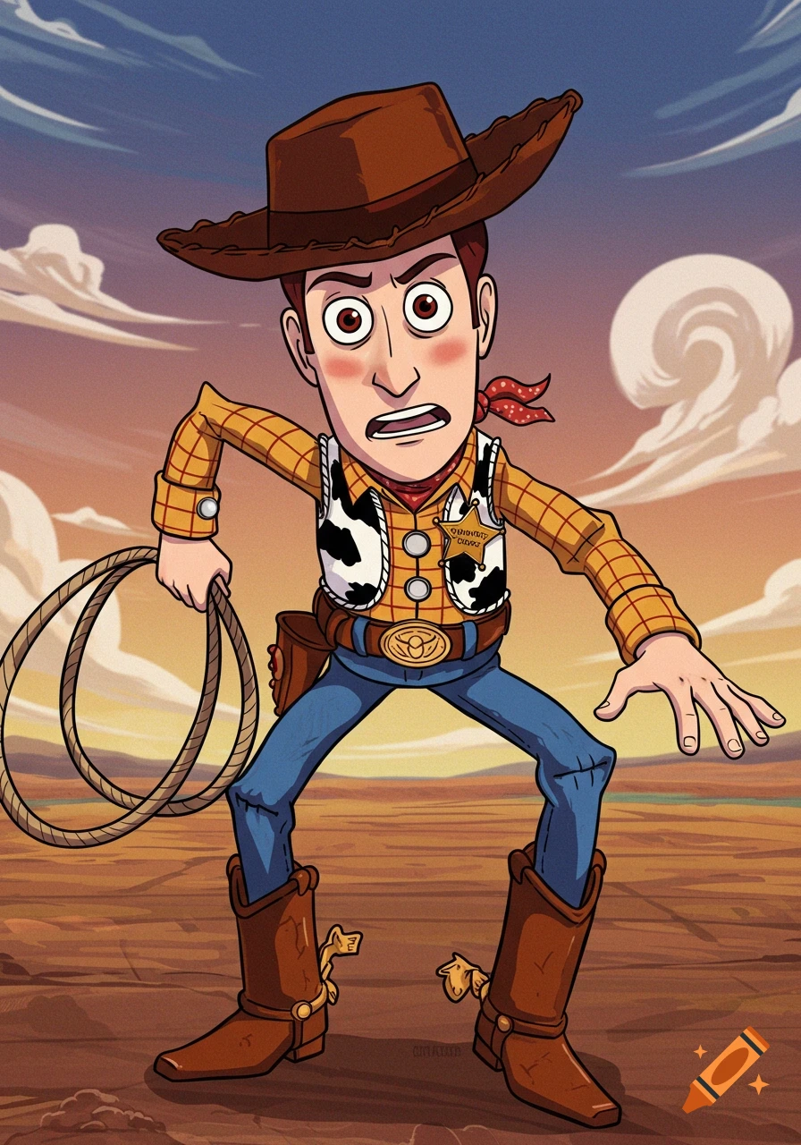 Cartoon of Woody from Toy Story in a cowboy outfit holding a lasso, standing in a desert under a sunset sky.