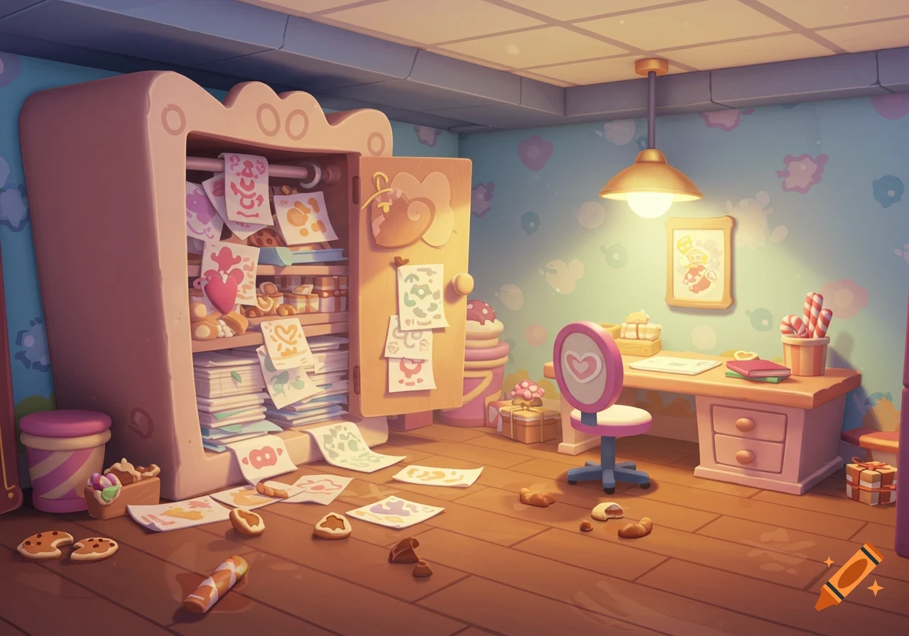 Cluttered basement room with a closet full of papers, a desk, and candy, in Cookie Run Kingdom style.