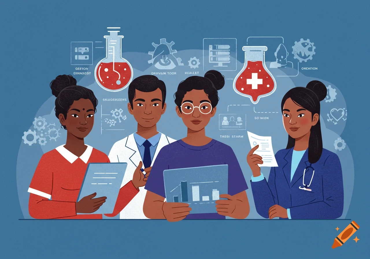 Illustration of four diverse people in healthcare/science setting with icons like beakers and data visualization.