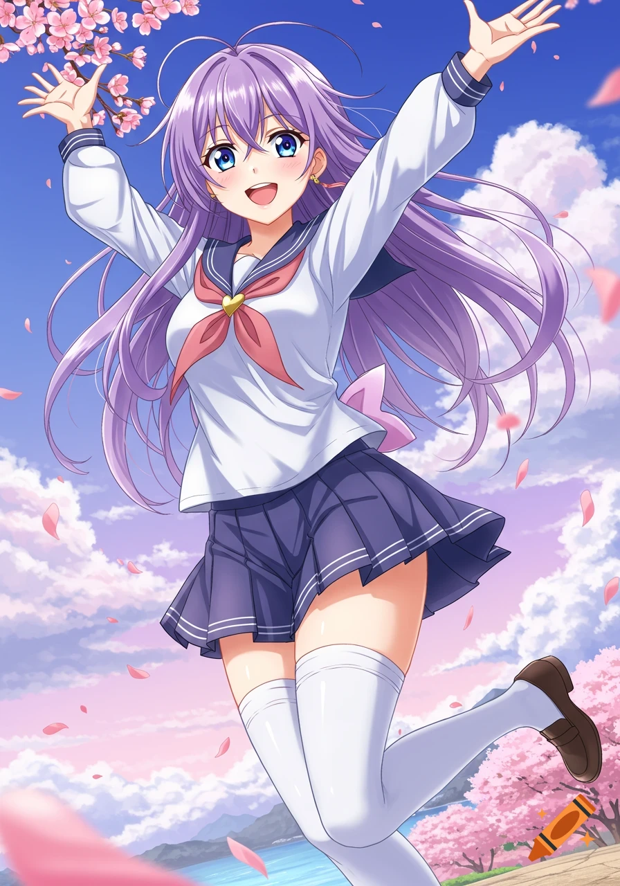 An anime girl in a school uniform jumps happily under cherry blossoms.