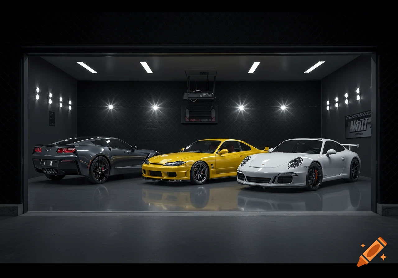 Three cars, a grey Corvette, yellow Nissan, and white Porsche, in a dark garage.