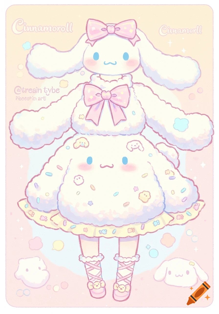 Cute illustration of a fluffy Cinnamoroll-like character in a dress and ballet shoes on a pastel background.