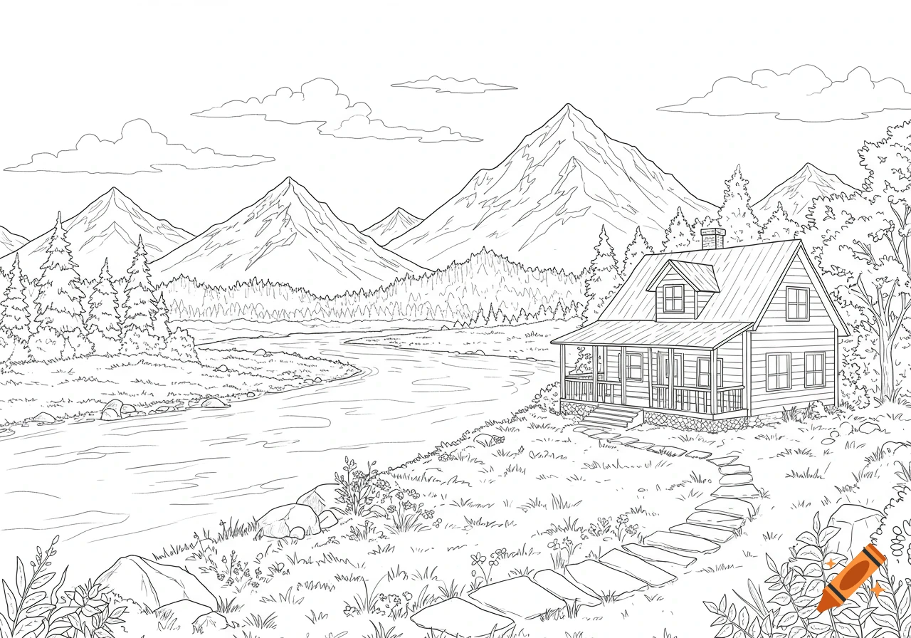 Line drawing of a cabin by a river with mountains in the background.