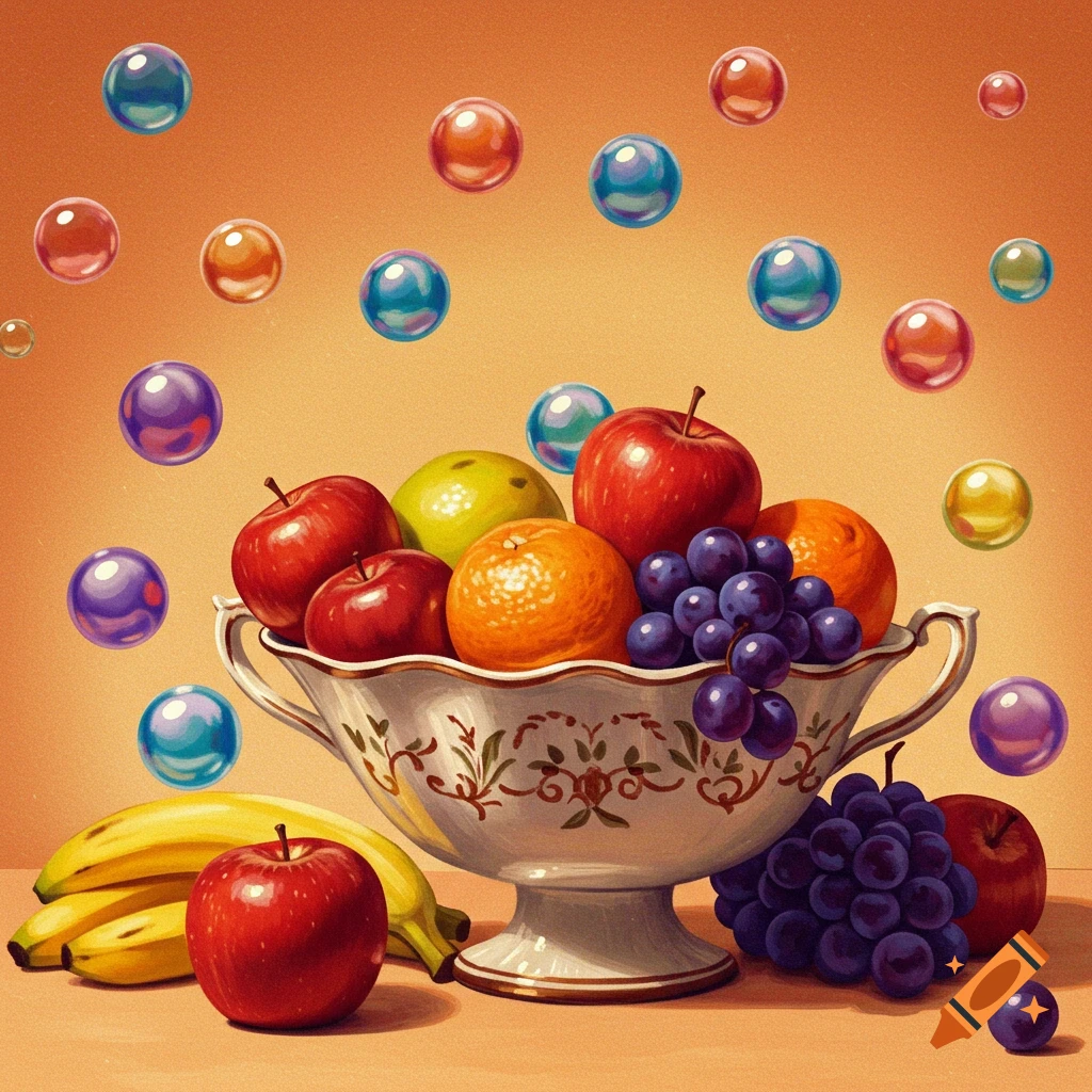 Still life painting of a fruit bowl with apples, oranges, grapes, and bananas, with colorful bubbles floating above.
