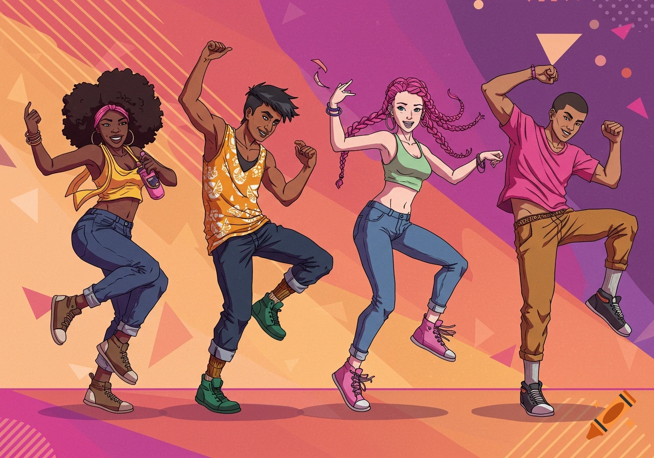 Four people dancing in a colorful anime style.