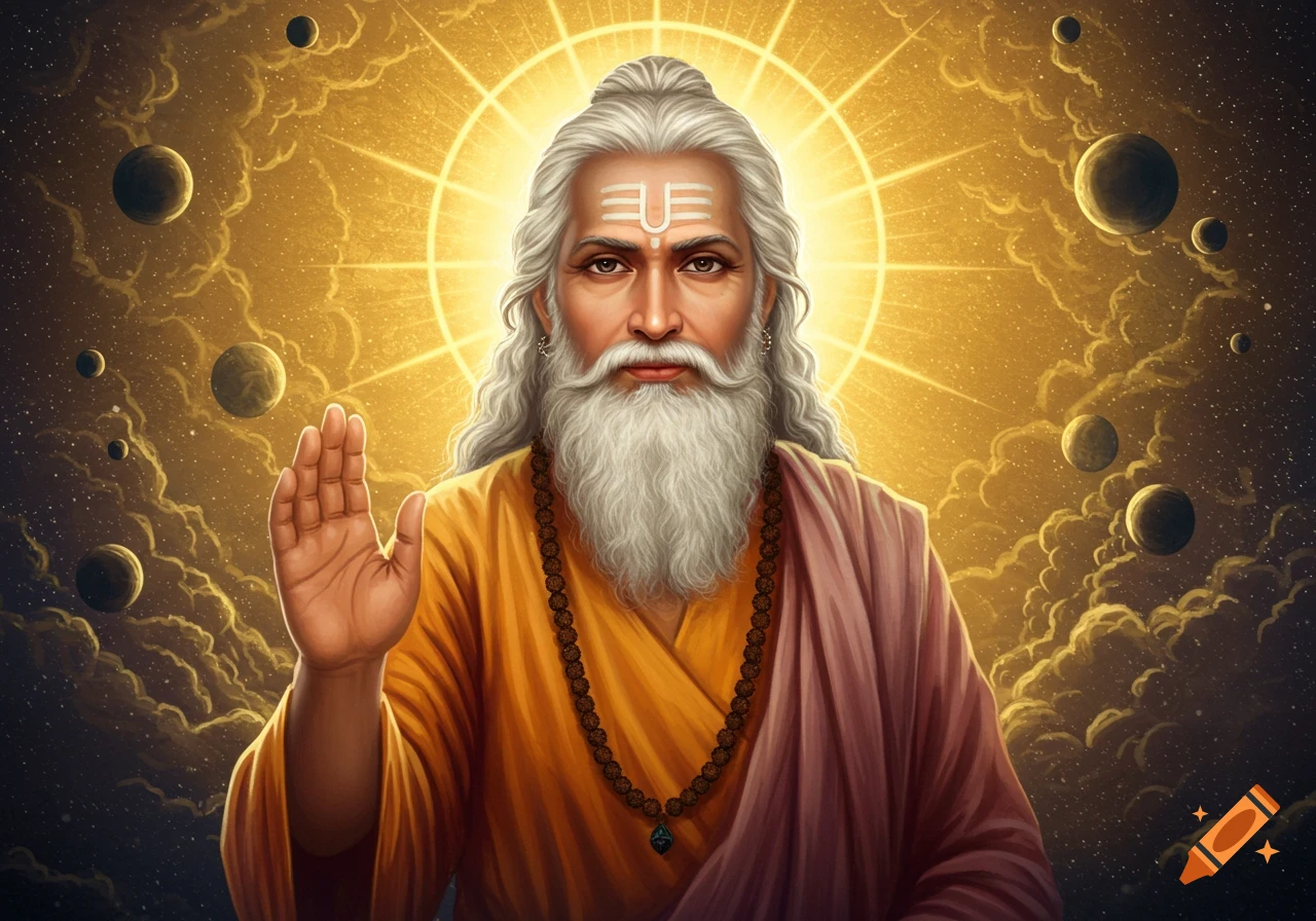 Spiritual figure with beard in orange and pink robes, hand raised, in a golden celestial background with planets.