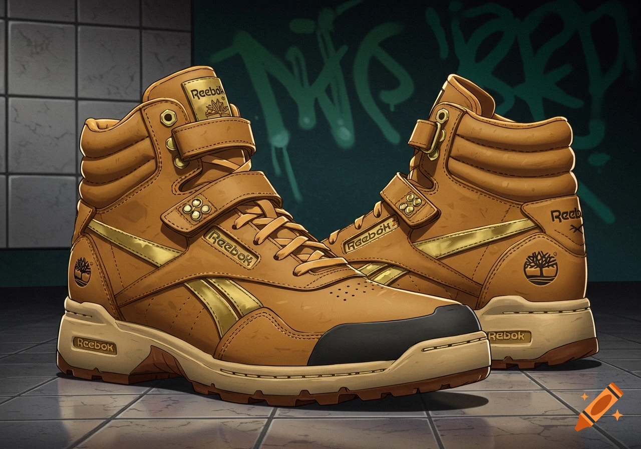 Illustration of two brown and gold high-top boots with graffiti and tile background.