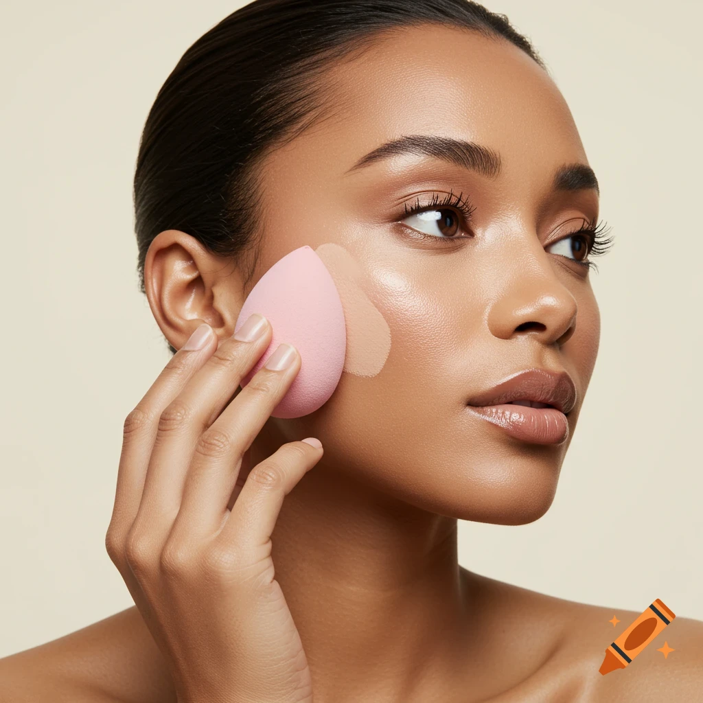 Close-up of a woman applying foundation to her face with a pink beauty blender.
