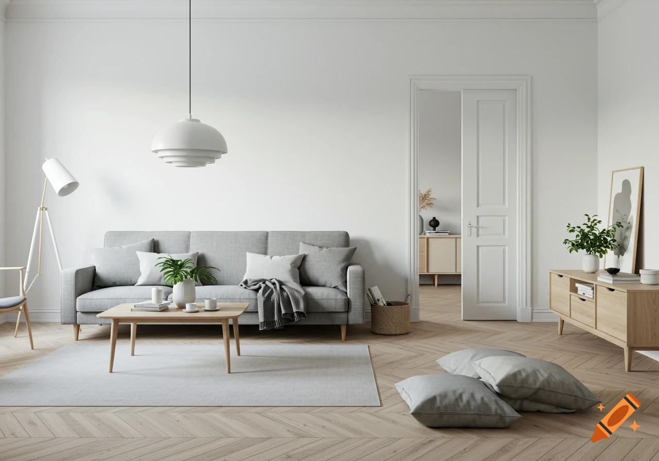 A minimalist living room with a grey sofa, coffee table, modern lamp ...