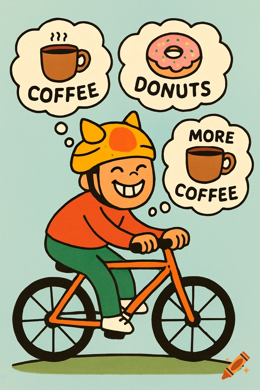 A simple, colorful illustration of a smiling person on a bike with thought bubbles showing coffee, donuts, and more coffee.