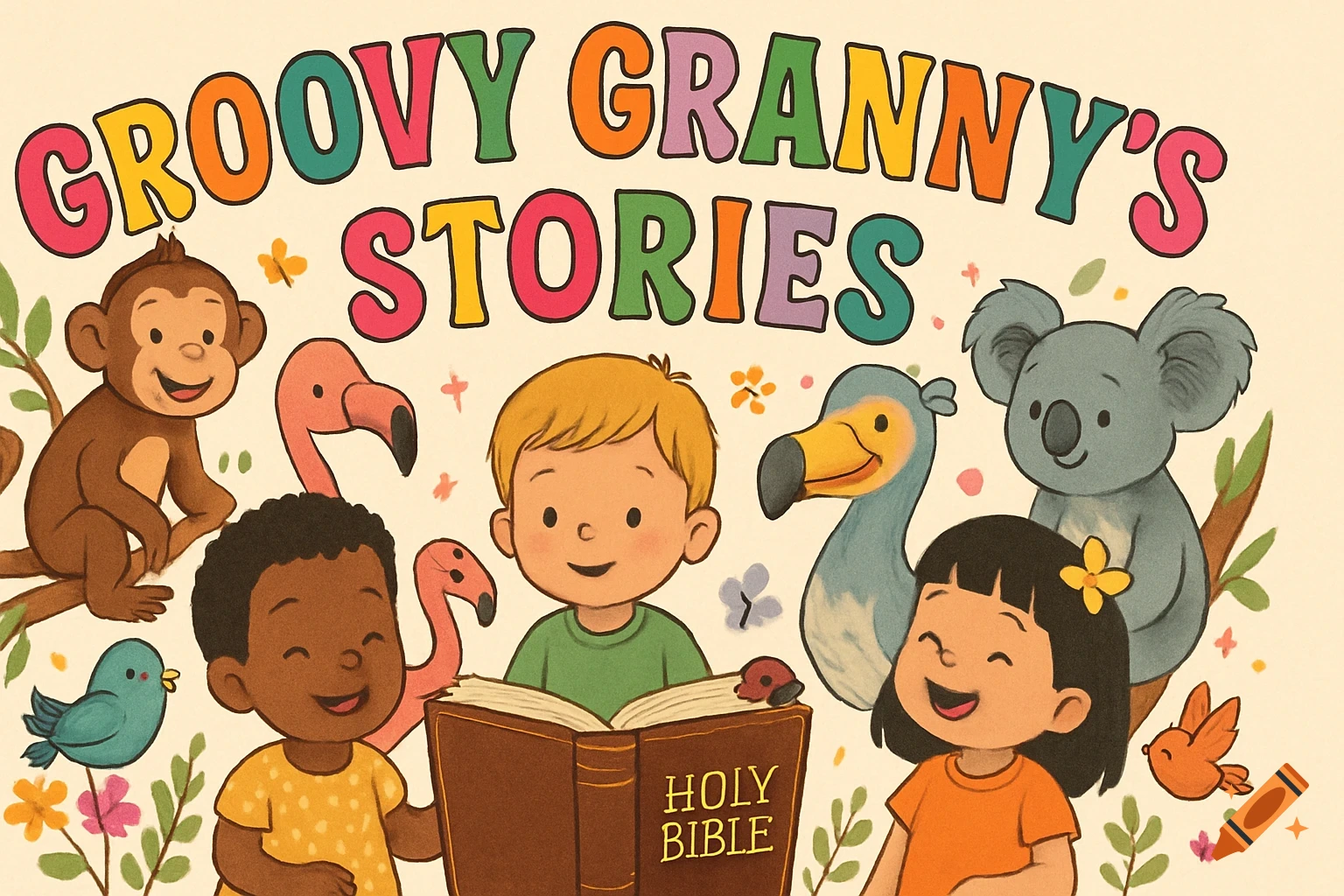 Children read a Bible surrounded by cute animals like a monkey, koala, dodo, and flamingos, under a colorful banner title. Illustration style.