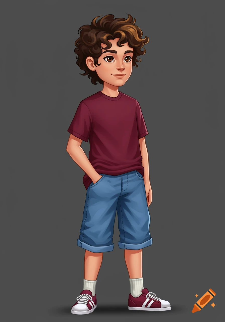 A 2D cartoon of a teenage boy with curly brown hair, wearing a burgundy t-shirt, blue shorts, and red and white sneakers.