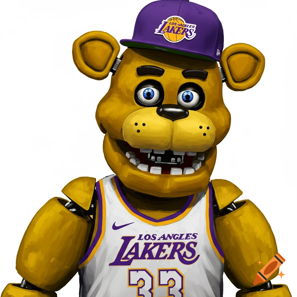 A yellow Freddy Fazbear animatronic character wears a purple Los Angeles Lakers hat and a white Lakers jersey with number 33.