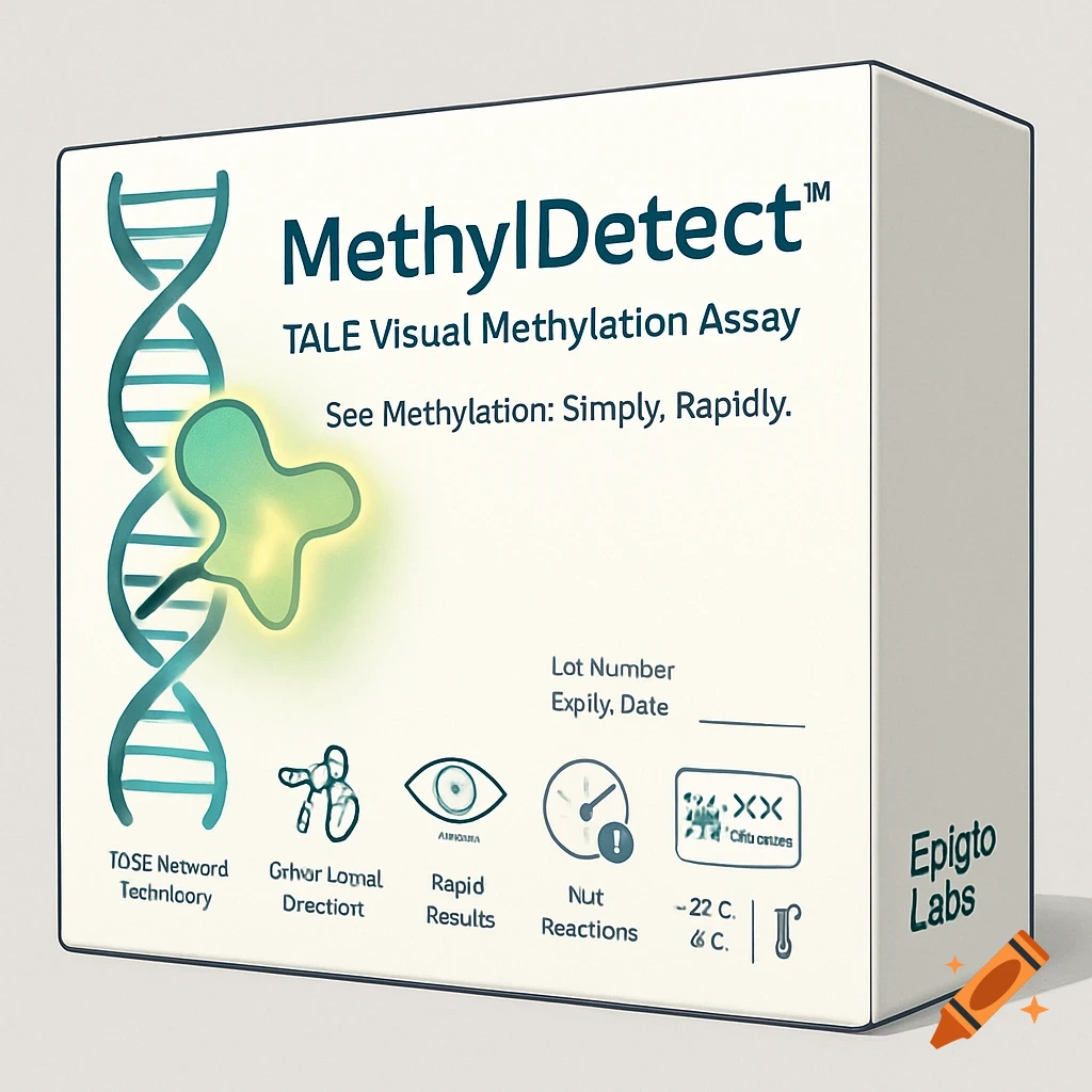 A clean, modern kit box for a scientific assay with DNA helix, abstract protein shape, text labels, and small icons.