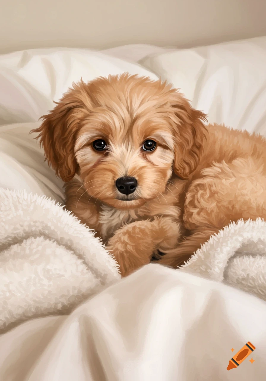 A cute brown puppy with floppy ears lies curled up on a white bed under a fuzzy blanket. Illustration style.