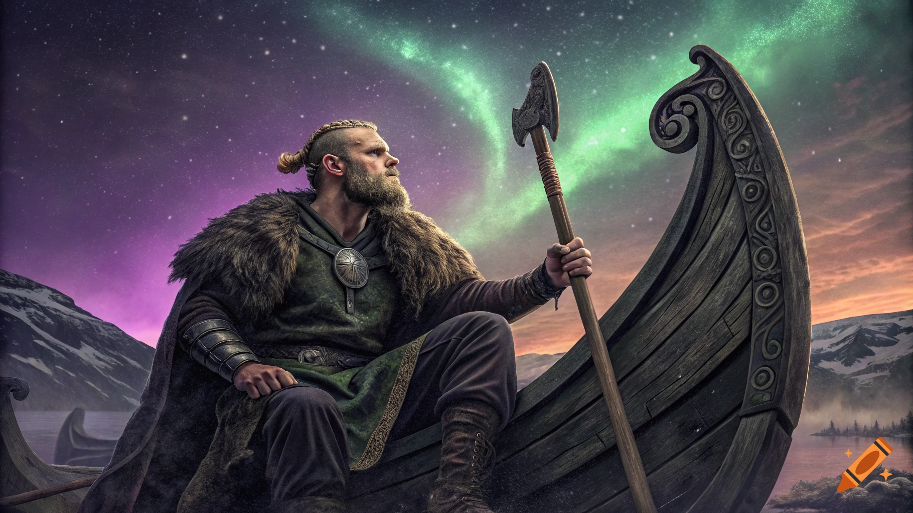 A Viking warrior sits in a longboat under a vibrant Northern Lights sky.