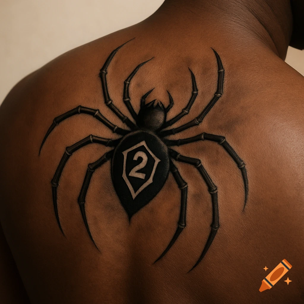 Realistic black spider tattoo with the number 2 on someone's upper back.