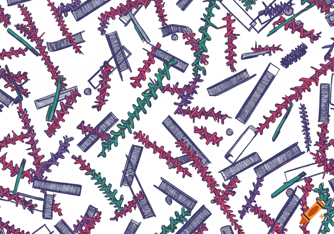 Abstract drawing of red, green, and purple stitches and blue/grey staples randomly scattered on a white background.