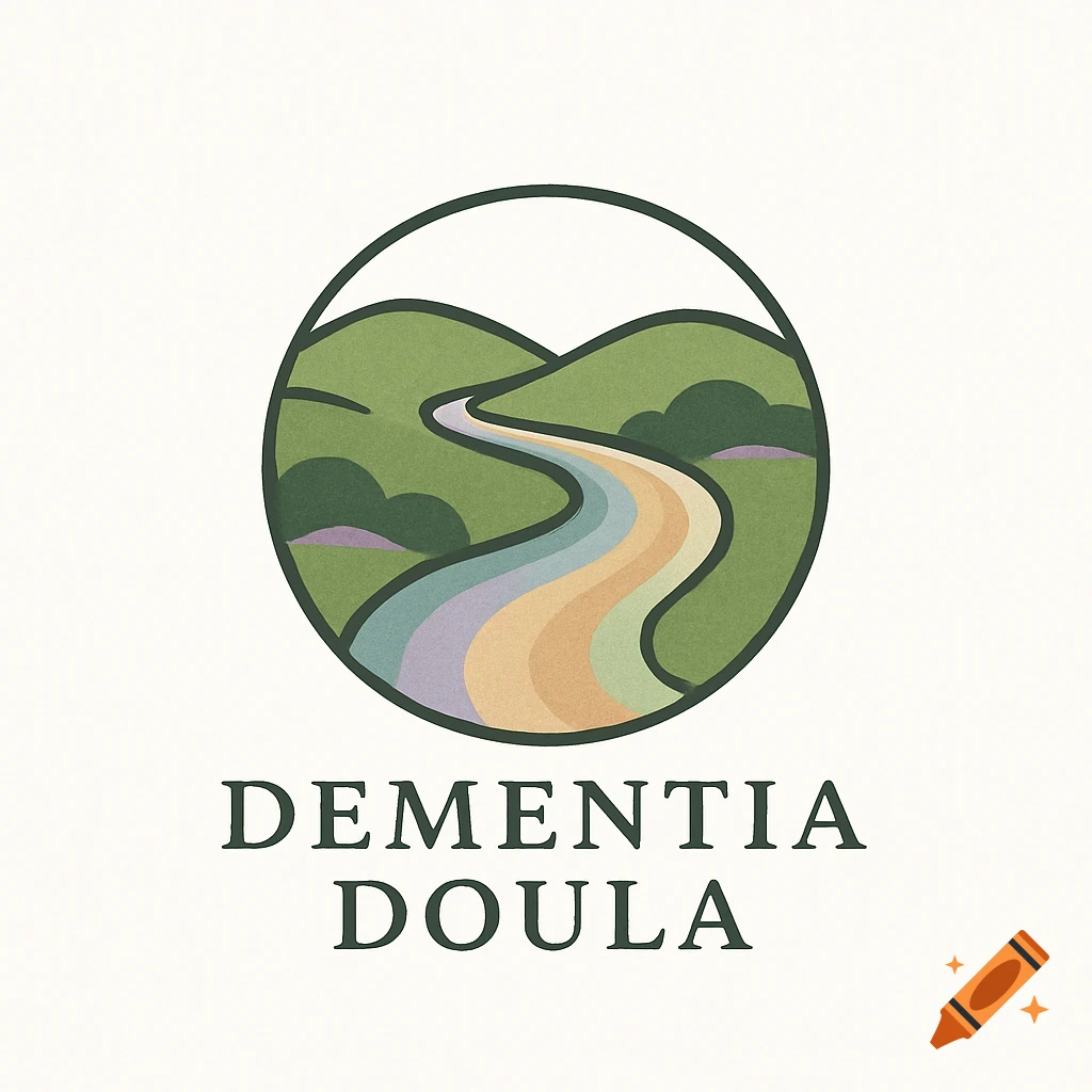 Logo: Circular design with a rainbow path through green hills above the text 'DEMENTIA DOULA'.