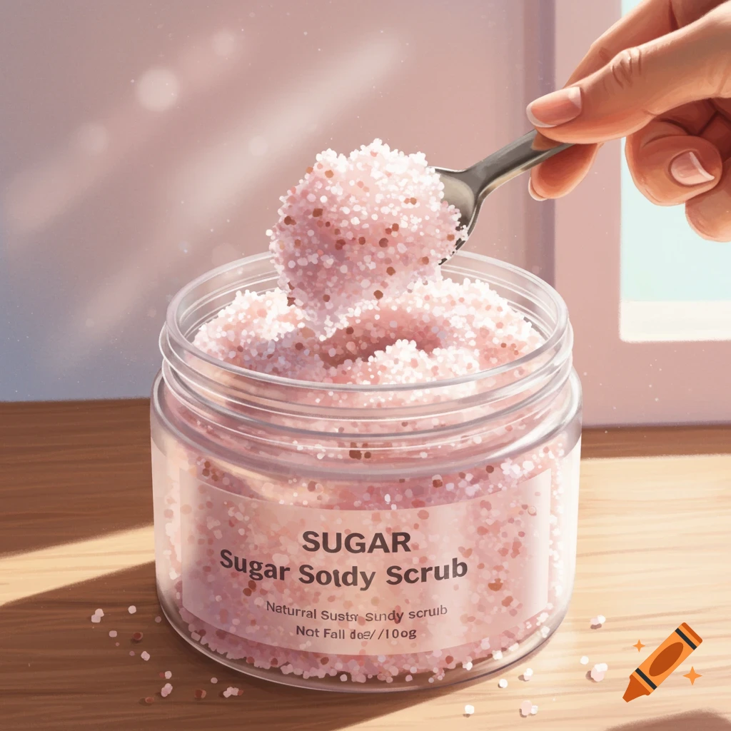 A hand scoops pink sugar scrub from a clear jar with a spoon, illustrated in a bright style.