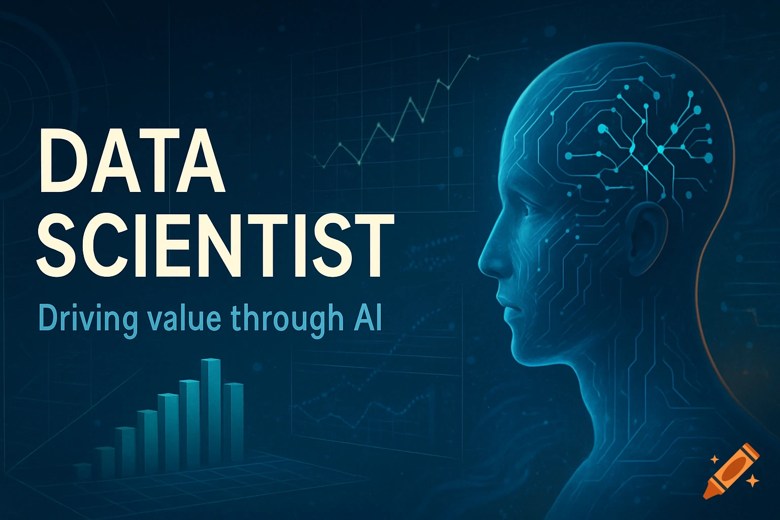 Digital illustration of a head with circuit patterns, text 'DATA SCIENTIST' and graphs on a blue background.