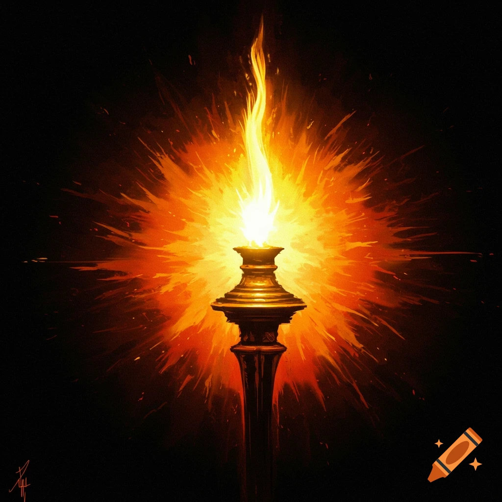 A dramatic digital painting of a bright torch flame radiating light.