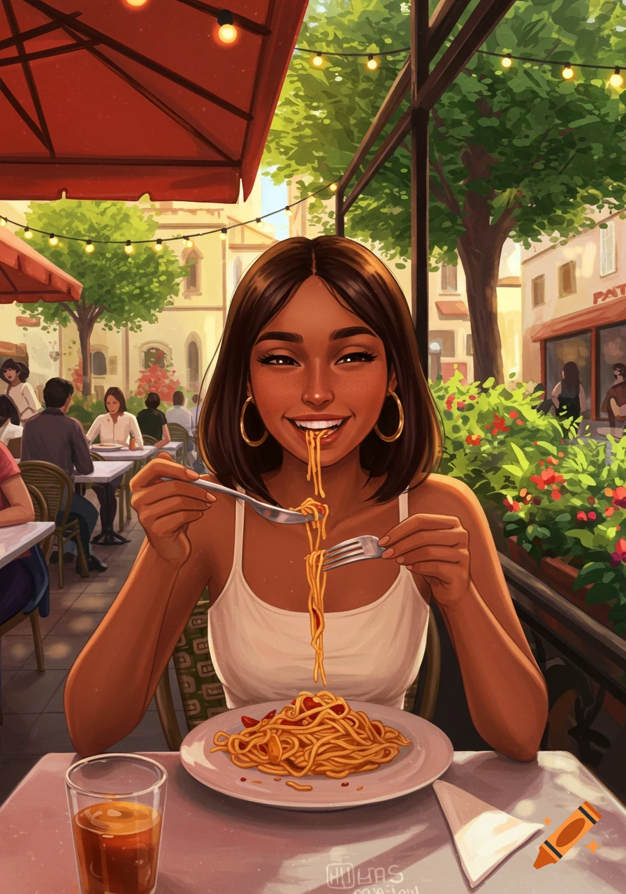 A woman smiles while twirling spaghetti with a fork at an outdoor restaurant.