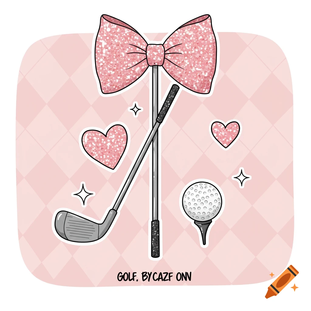 Sticker design with golf clubs, ball, pink glitter bow and hearts on a pink background.