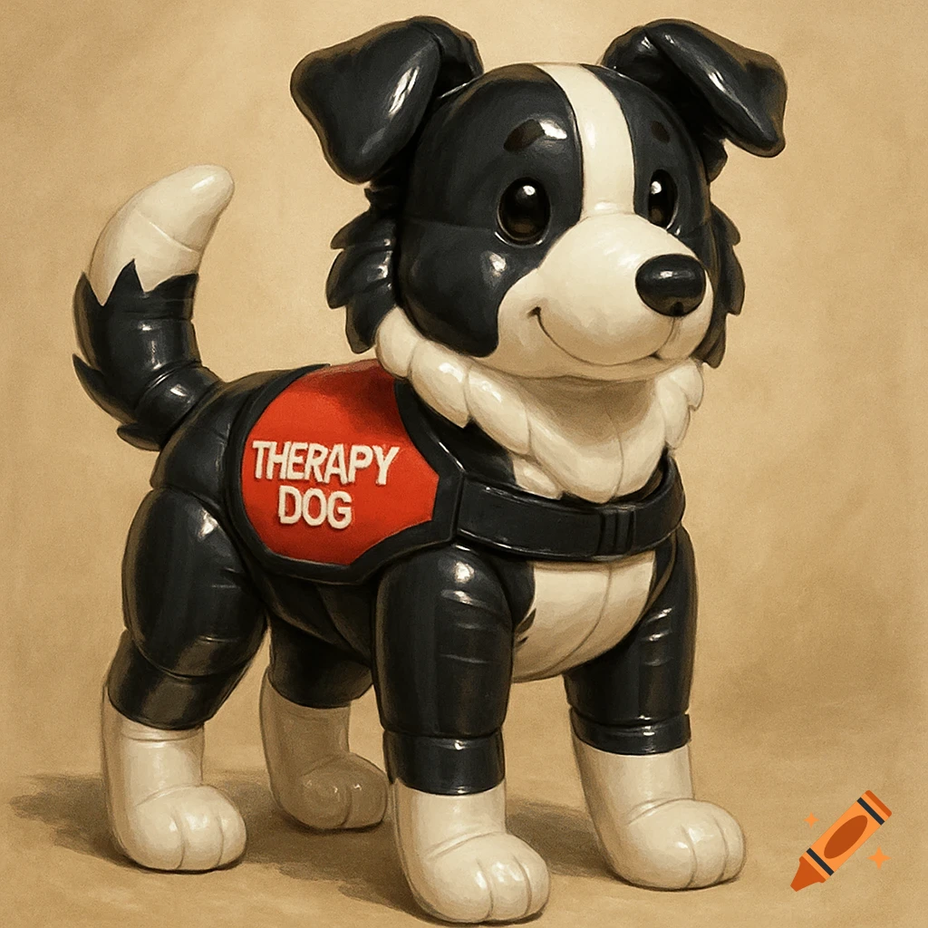Collie Inflatable An inflatable border collie toy wears a red vest that says THERAPY DOG ...