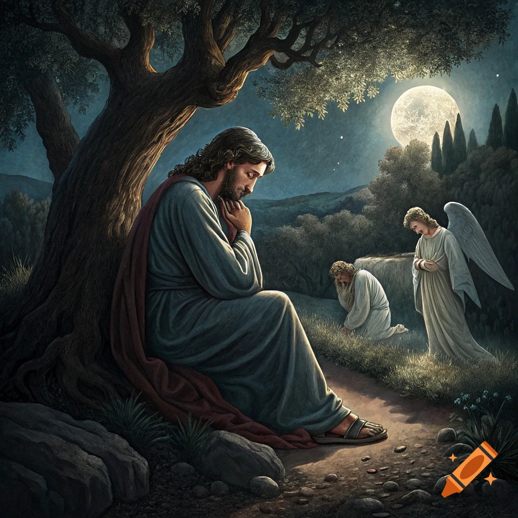 Jesus prays in the Garden of Gethsemane with an angel and disciples under a full moon at night, in a painting style.