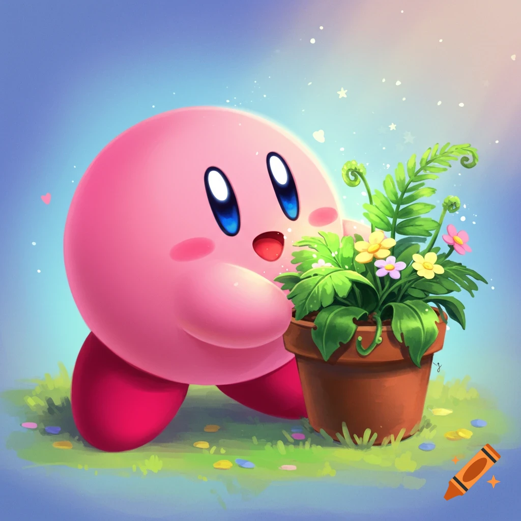 Kirby holding a potted plant