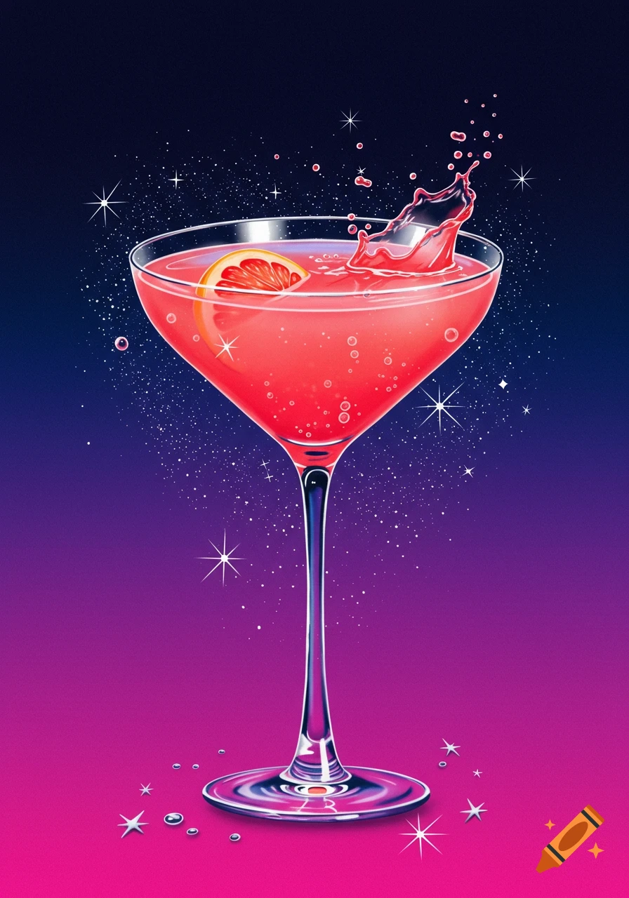 Illustration of a pink cocktail with a grapefruit slice and splash in a martini glass against a starry space background.