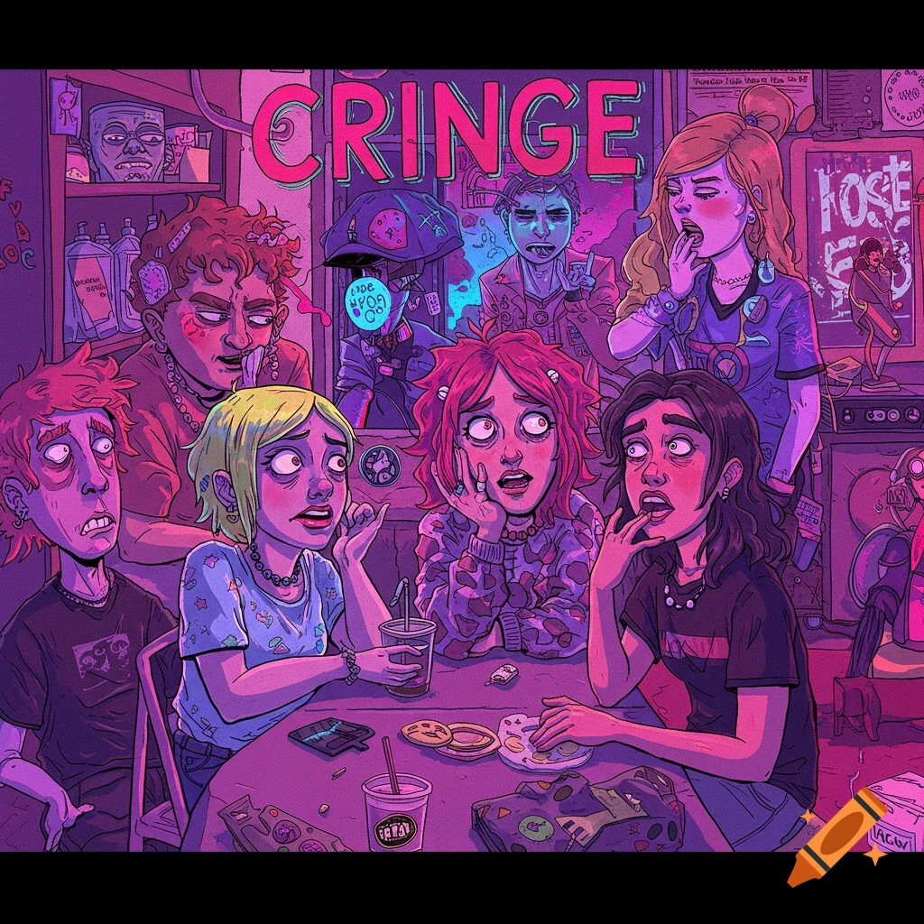 Stylized cartoon illustration of a group of young people looking uncomfortable or embarrassed, with the word CRINGE prominently displayed above them in pink neon letters. They are sitting around a table with snacks and drinks.
