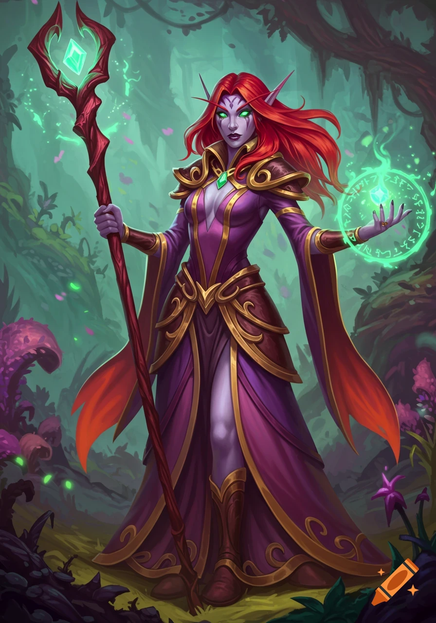 Illustration of a red-haired female elf mage holding a staff and casting a glowing green spell in a forest.