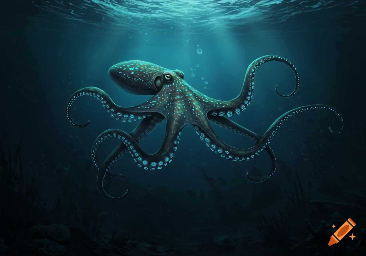 Illustration of a glowing octopus swimming in a deep, dark ocean.