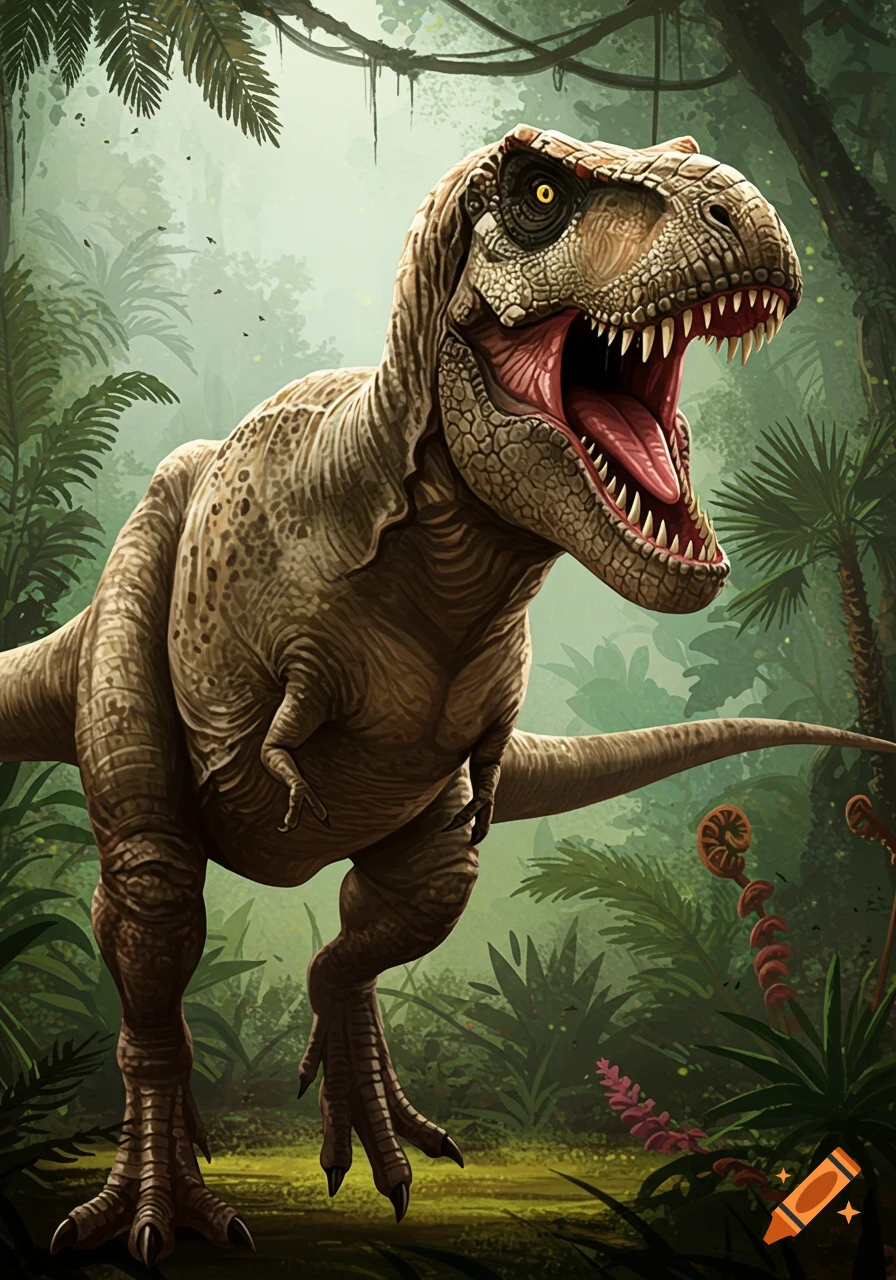 Realistic Tyrannosaurus Rex roaring in a lush jungle.