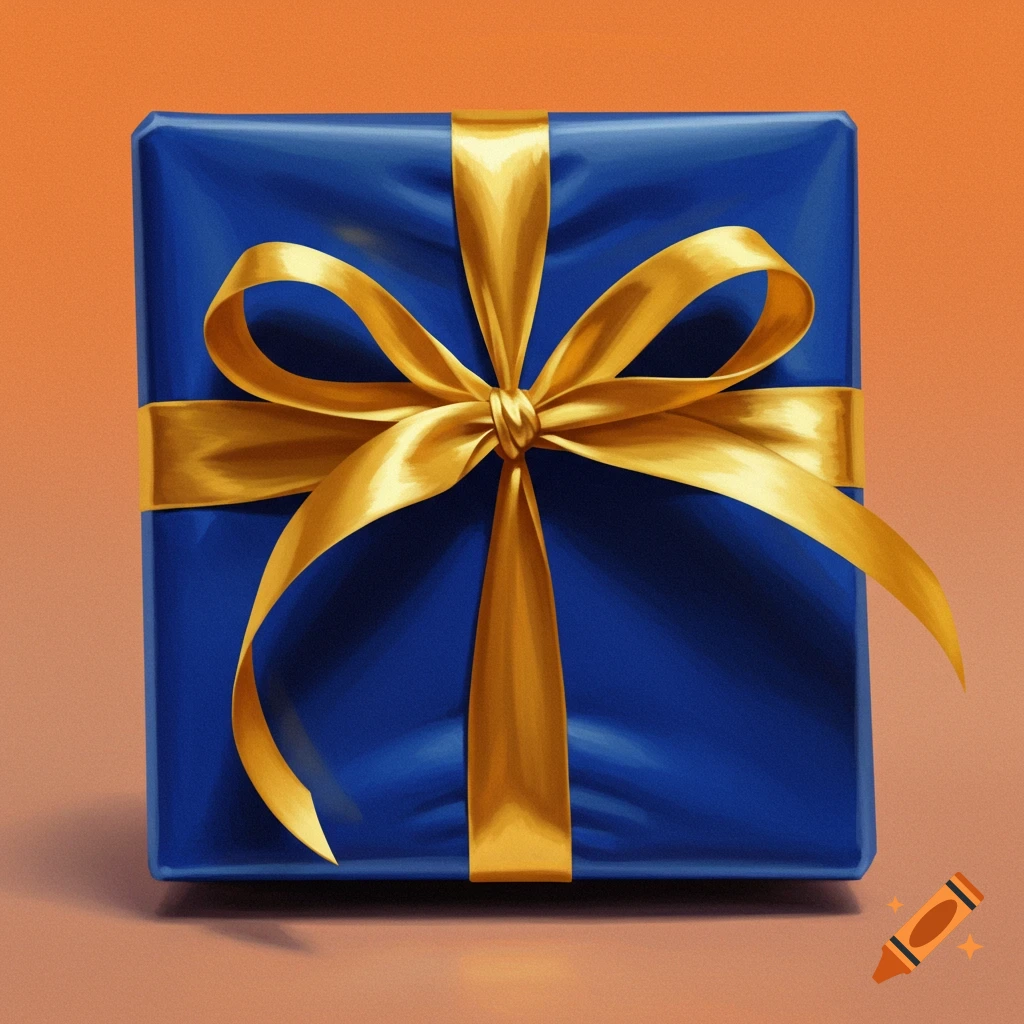 Blue gift box with a gold ribbon and bow on an orange background.