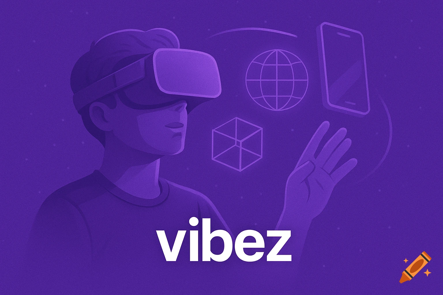 Stylized illustration of a person in a VR headset reaching towards technology icons on a purple background with the text vibez.