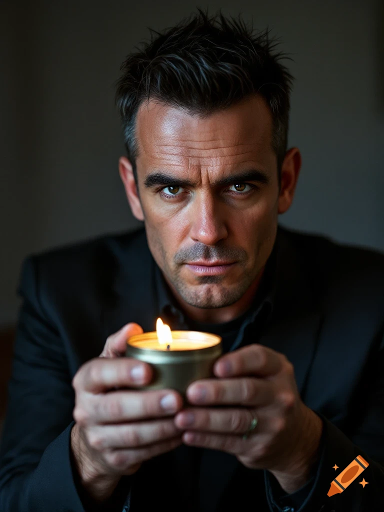 A serious man in a suit holds a lit candle in a tin.