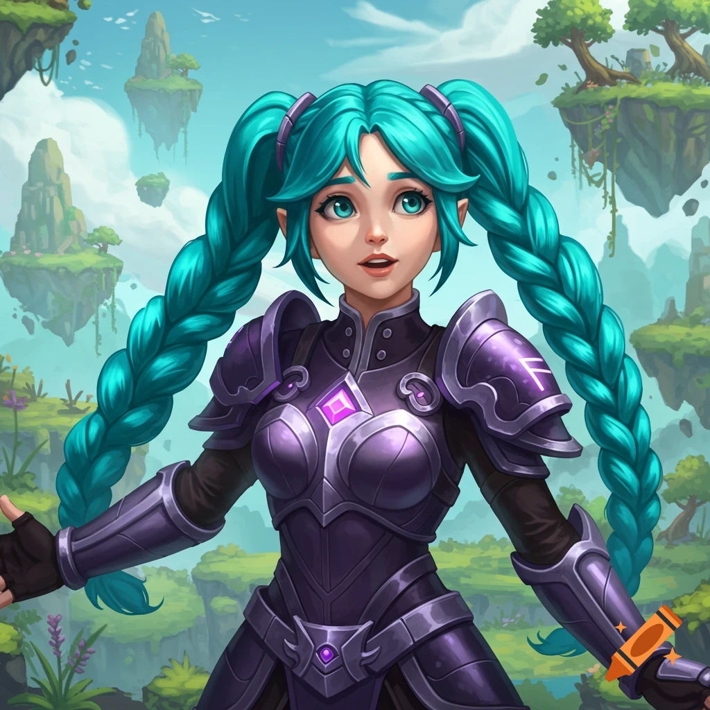 A 2D fantasy game character with teal pigtails and purple armor stands in a landscape with floating islands.