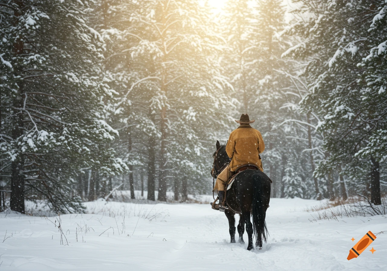 A cowboy on a horse rides through a snowy forest in winter.