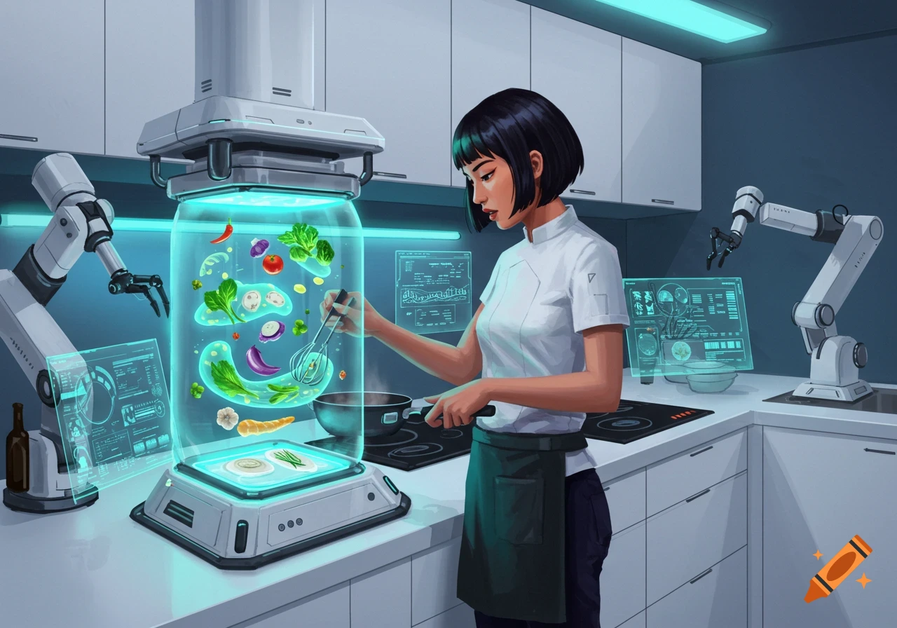 Woman cooking in a futuristic kitchen with robotic arms and holographic displays.