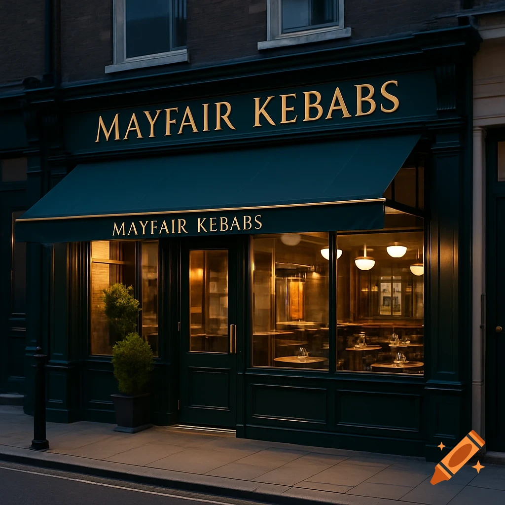 Facade of a dark green shop called 'Mayfair Kebabs' with an awning and illuminated windows.