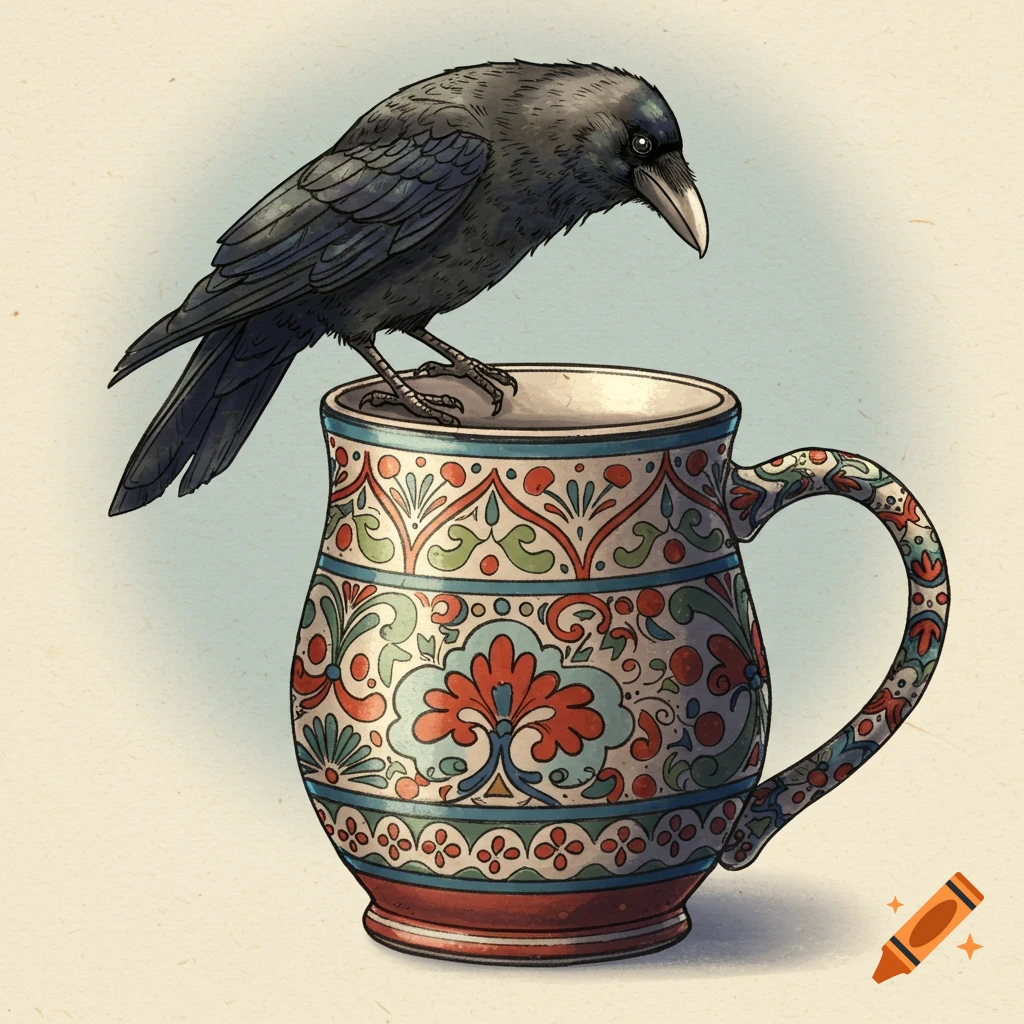 A crow perched on a decorated ceramic mug in an illustration style.