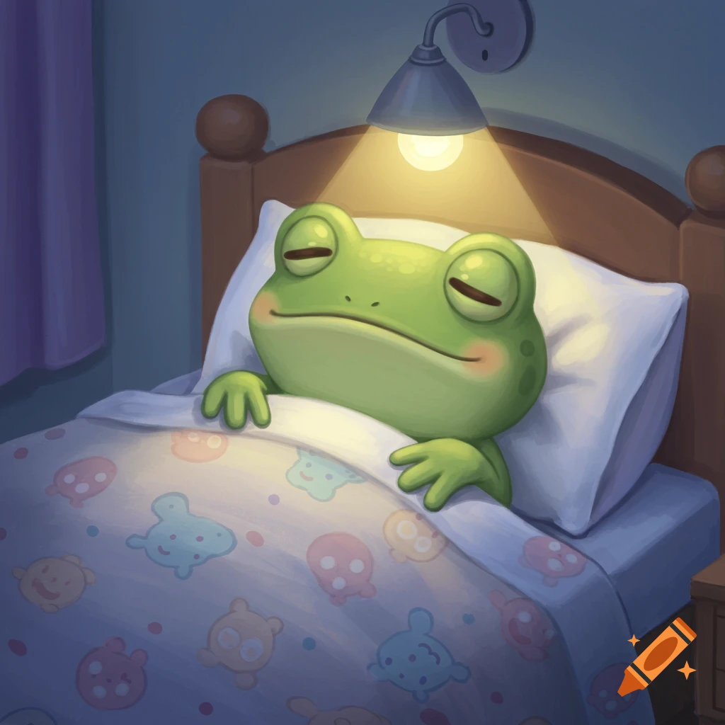 A cute cartoon frog sleeping in a bed under a patterned blanket.