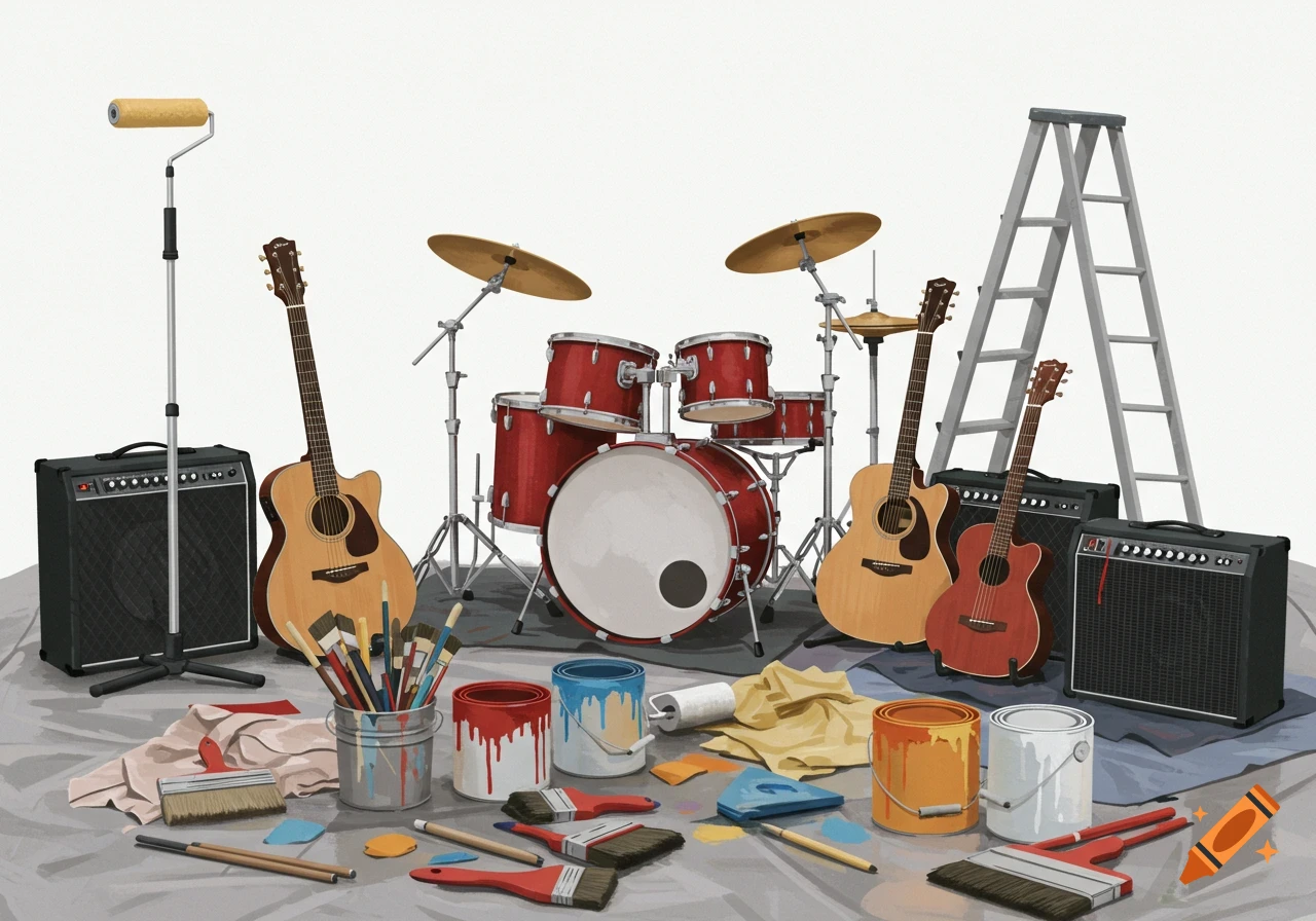 Still life of musical instruments and art supplies on a drop cloth