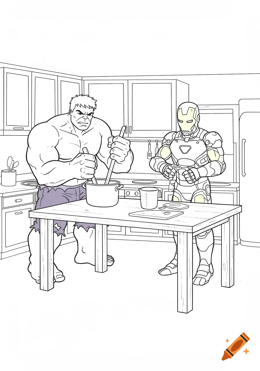 Hulk and Iron Man cooking in a kitchen, coloring book style.