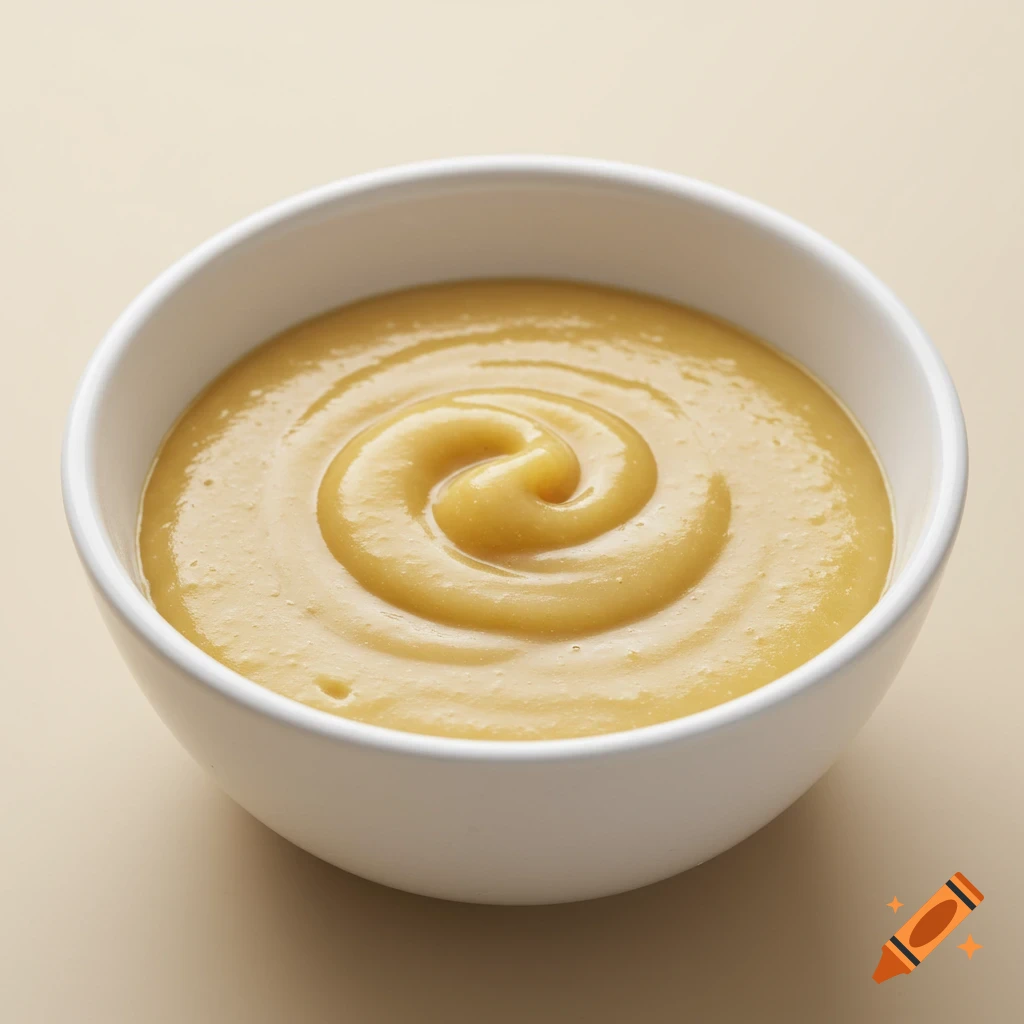 A bowl of yellow sauce or roux seen from above on a beige background.